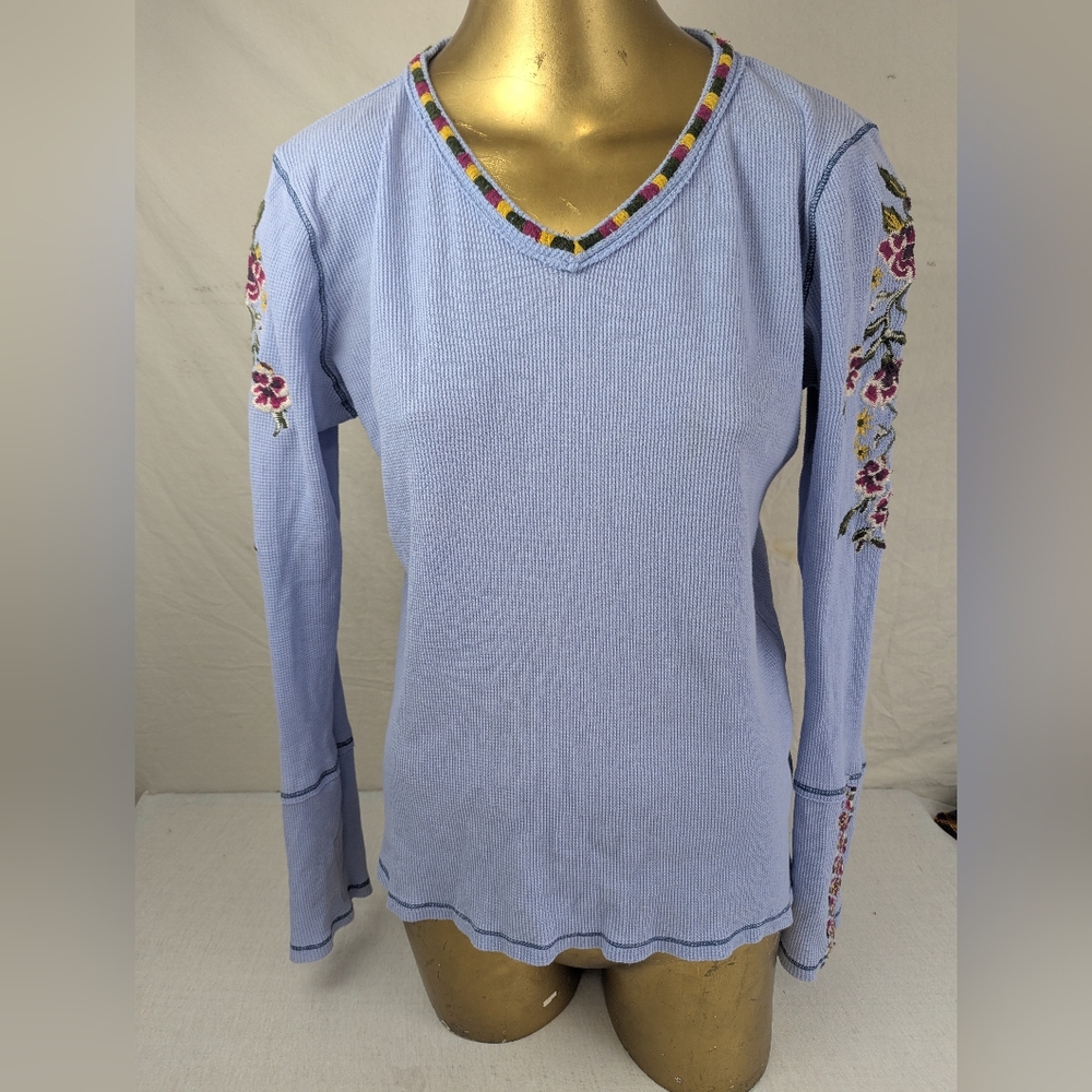 Embroidered Blue V-Neck Sweater